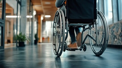 Obraz premium A person in a wheelchair moves through a modern hallway. The space is bright and open, highlighting accessibility in design. This image showcases mobility and independence. AI