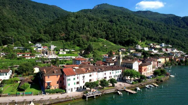 Switzerland scenic places, Lugano lake, charming village Brusino Arsizio (canton Ticino)  aerial drone 4k video