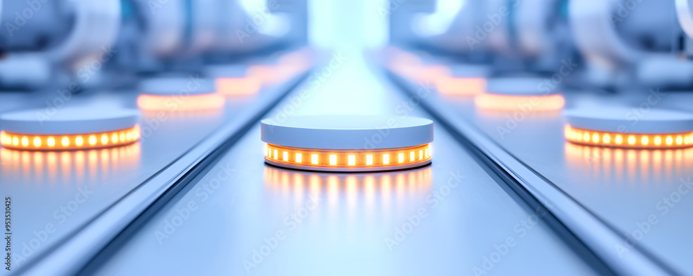 Poster futuristic conveyor system with glowing buttons, showcasing advanced technology and automation in a 