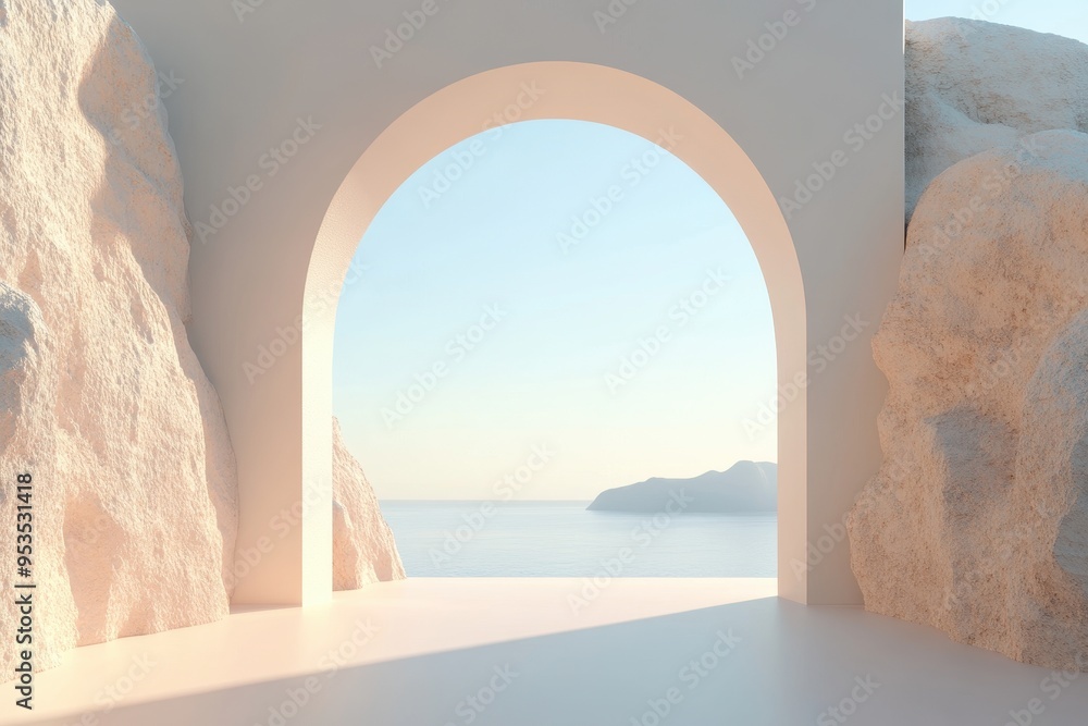 Poster a large archway with a view of the ocean