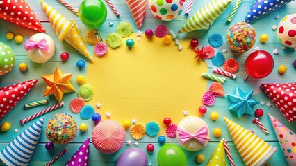 Flat lay arrangement of colorful party decorations for a birthday celebration , birthday, party, decorations