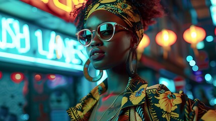 Obraz premium A fashion-forward model wearing a modern outfit with retro-inspired accessories, set against a backdrop of neon lights and vintage signs, capturing the essence of The New Nostalgia. 8k UHD, 