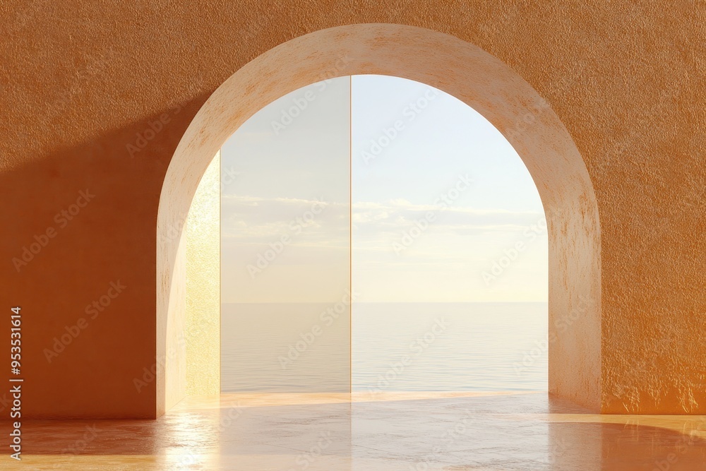 Poster a large archway with a view of the ocean