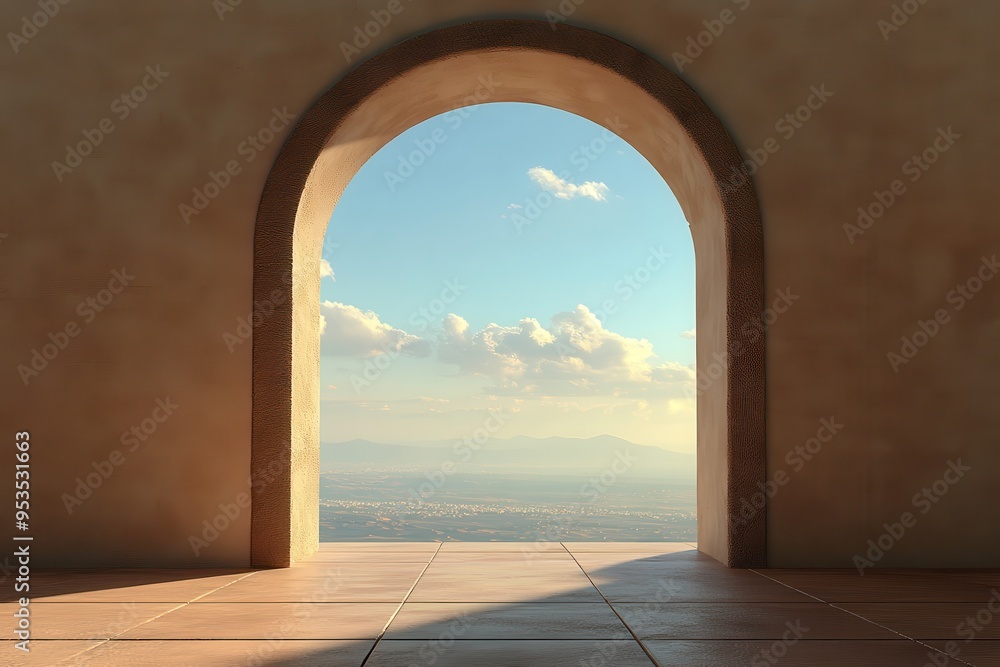 Poster a large archway with a view of the ocean