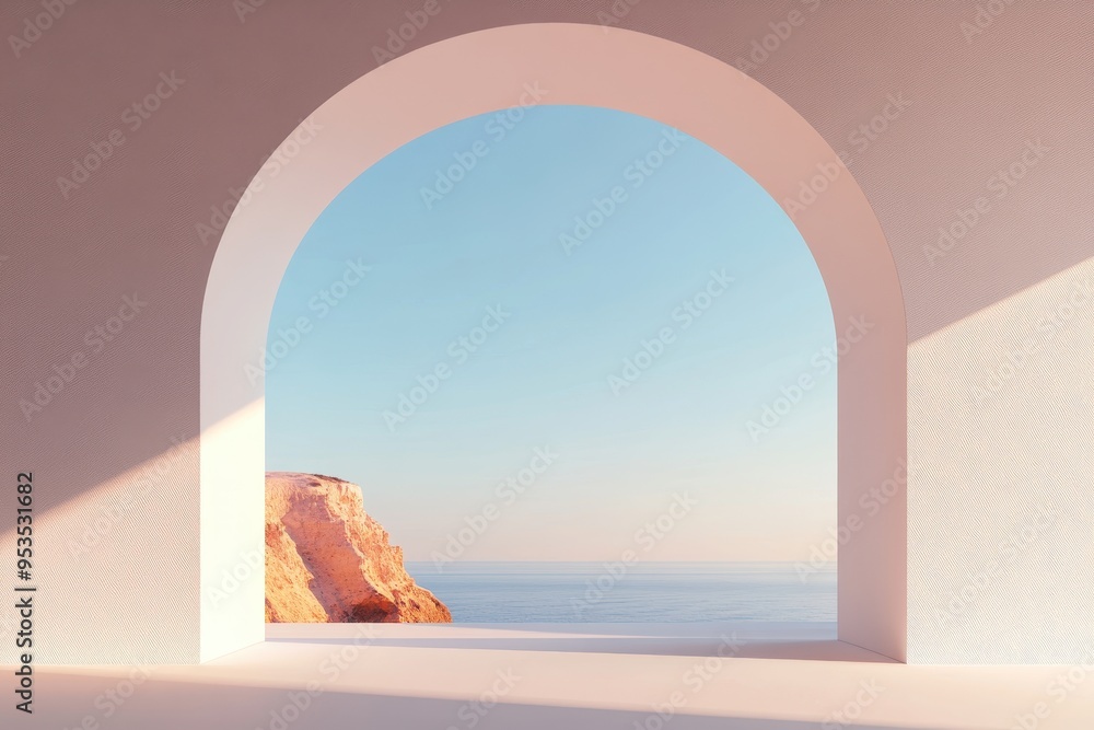 Poster a large archway with a view of the ocean