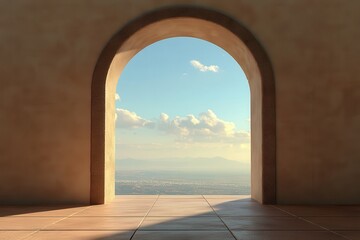 A large archway with a view of the ocean