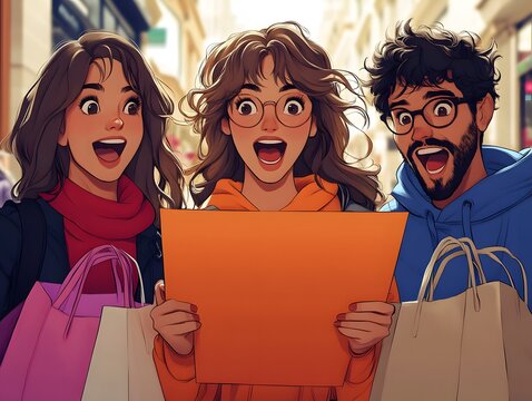 A medium shot of a group of friends excitedly looking at a shopping list and planning their next store visit, with bags filled with purchases at their feet. The background is filled with shoppers