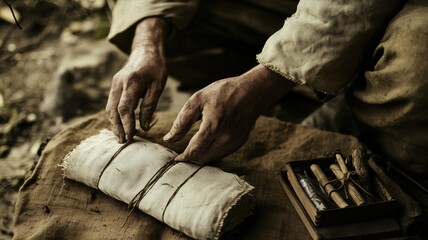 Hands Wrapping a Bundle of Herbs with Natural Twine in Rustic Setting