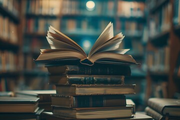 A stack of books with an open book on top in front of the blurred background of library shelves,...