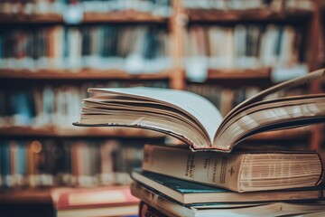 A stack of books with an open book on top in front of the blurred background of library shelves,...