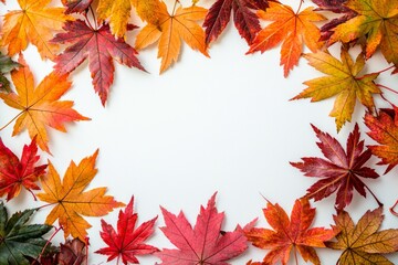 Fototapeta premium Autumn Maple Leaves Flat Lay White Background created with Generative AI