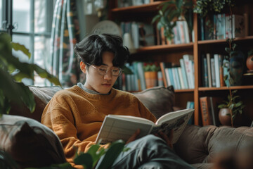 An Asian man reading a book in a cozy living room