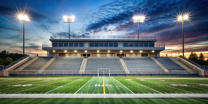 American high school football stadium with bleachers filled with cheering fans under the lights, football, stadium, high school
