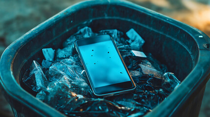 Old smartphones being discarded into a recycling bin, digital detox concept and environmental reducing of electronic waste and pollution from obsolete used mobile device in trash