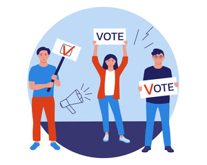 People are holding signs, banners and posters with the inscription Vote. A call to vote.