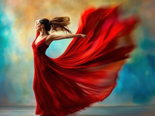Elegant Woman in Flowing Red Dress Dancing Gracefully Against Colorful Abstract Background