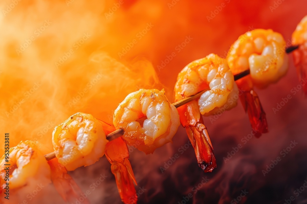 Wall mural A skewer of shrimp is being cooked on a grill