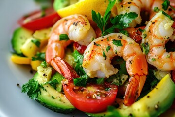 A plate of shrimp and vegetables with a lime wedge on the side
