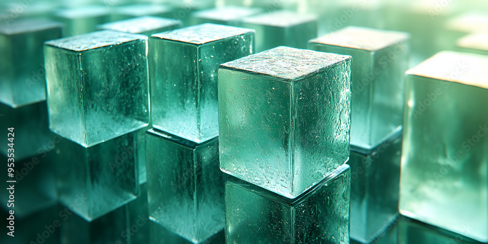 Poster translucent ice cubes glistening under soft sunlight in an arranged display on a reflective surface
