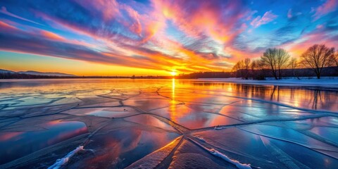 Colorful sunrise reflecting on a frozen lake with glowing ice cracks, winter, cold, frozen, nature, landscape, sunrise, colorful