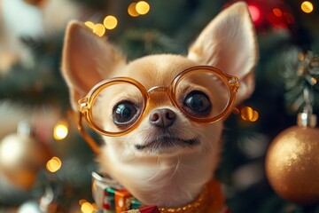 tiny chihuahua dog, sporting stylish round glasses watches with delight as a Christmas tree