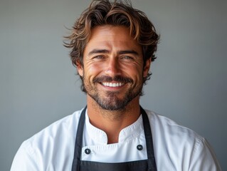 Fototapeta premium A confident and charismatic chef with a genuine smile, ready to share his passion for culinary excellence, against a simple grey backdrop. 