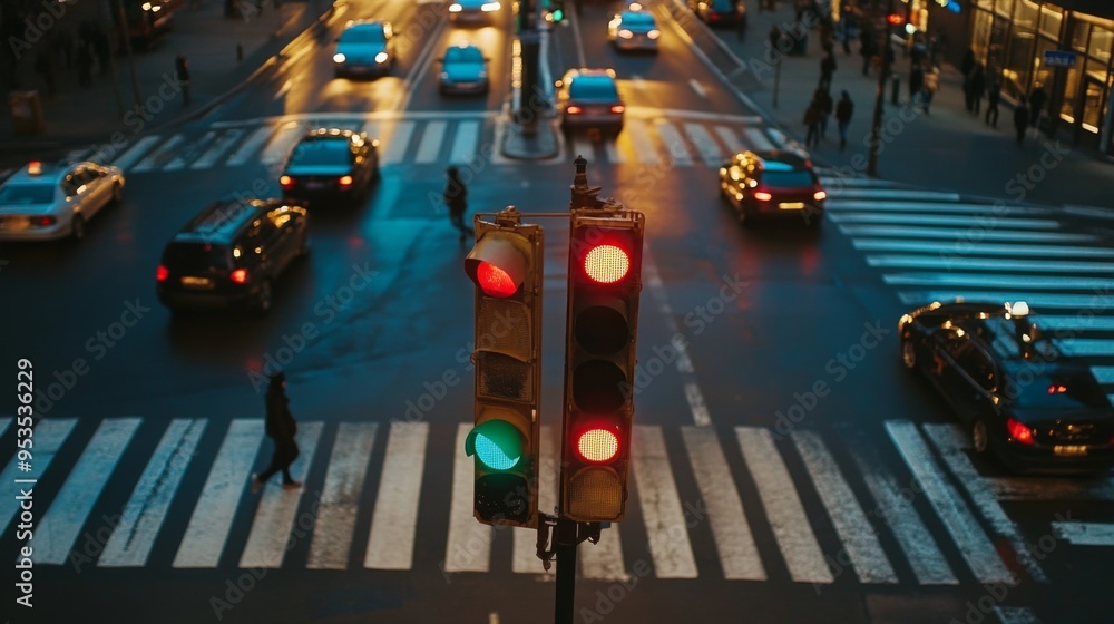 Poster wide shot of a traffic light changing from red to green at a busy intersection, with vehicles and pe
