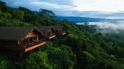 Fototapeta premium Stunning Eco-Friendly Jungle Lodges Overlooking Lush Greenery and Misty Mountains at Sunrise