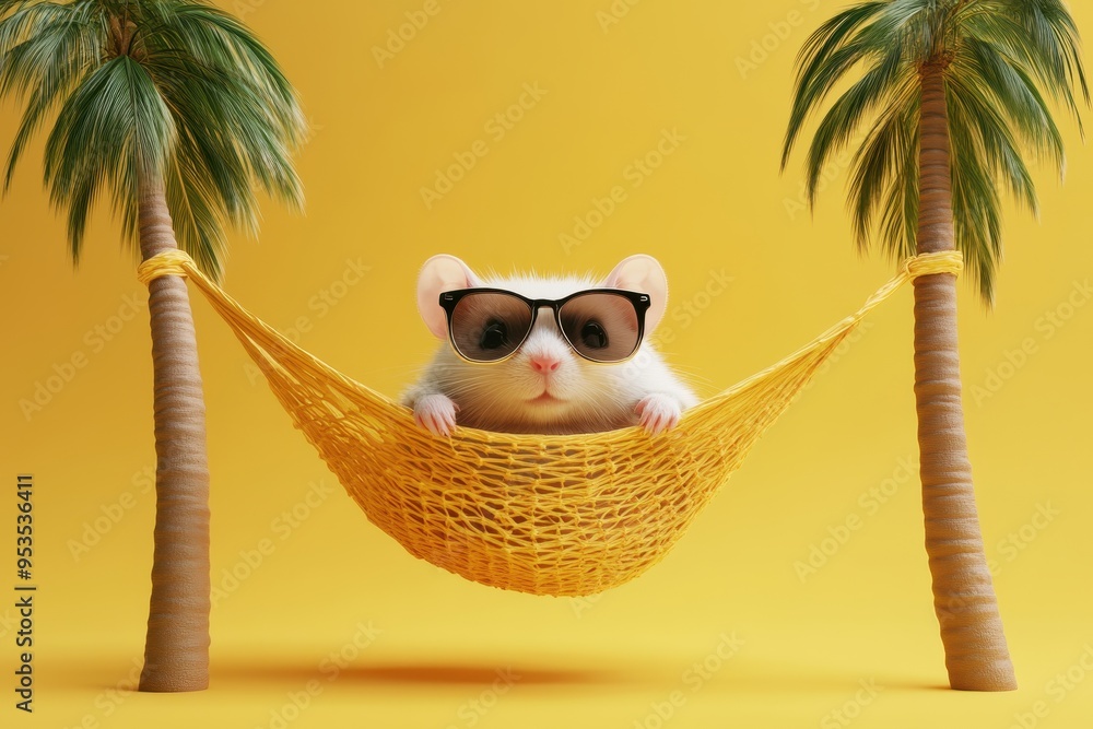 Poster a hamster is lounging in a hammock between two palm trees