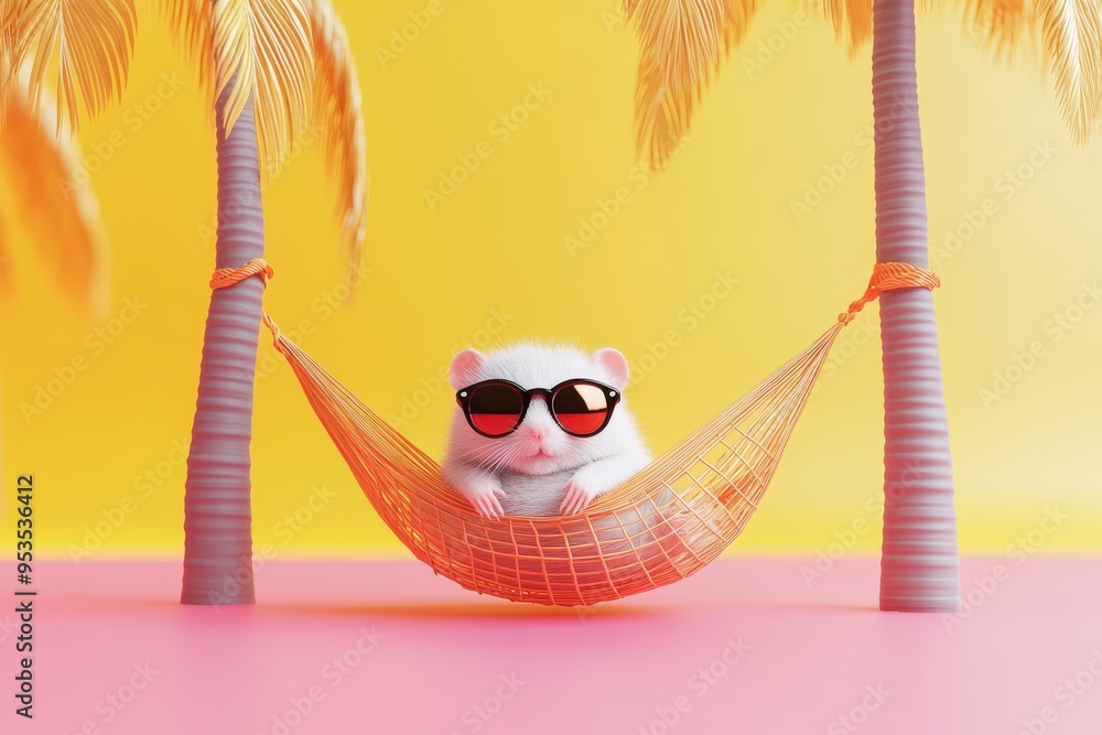 Poster a hamster is lounging in a hammock between two palm trees