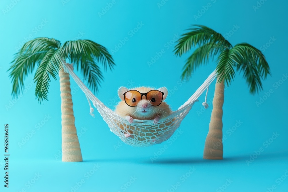 Poster a hamster is lounging in a hammock between two palm trees