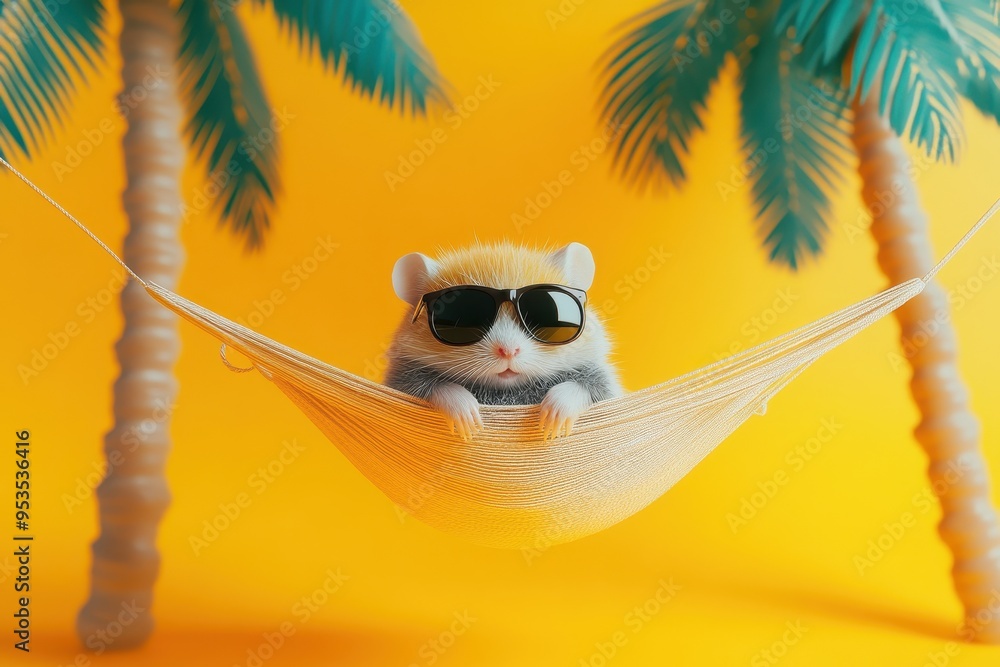 Poster a hamster is lounging in a hammock between two palm trees