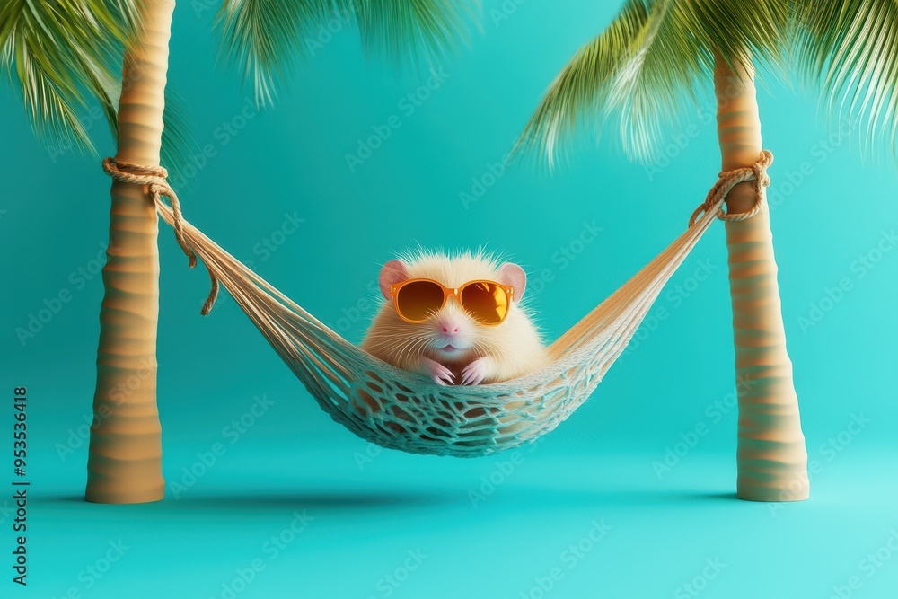 Poster a hamster is lounging in a hammock between two palm trees