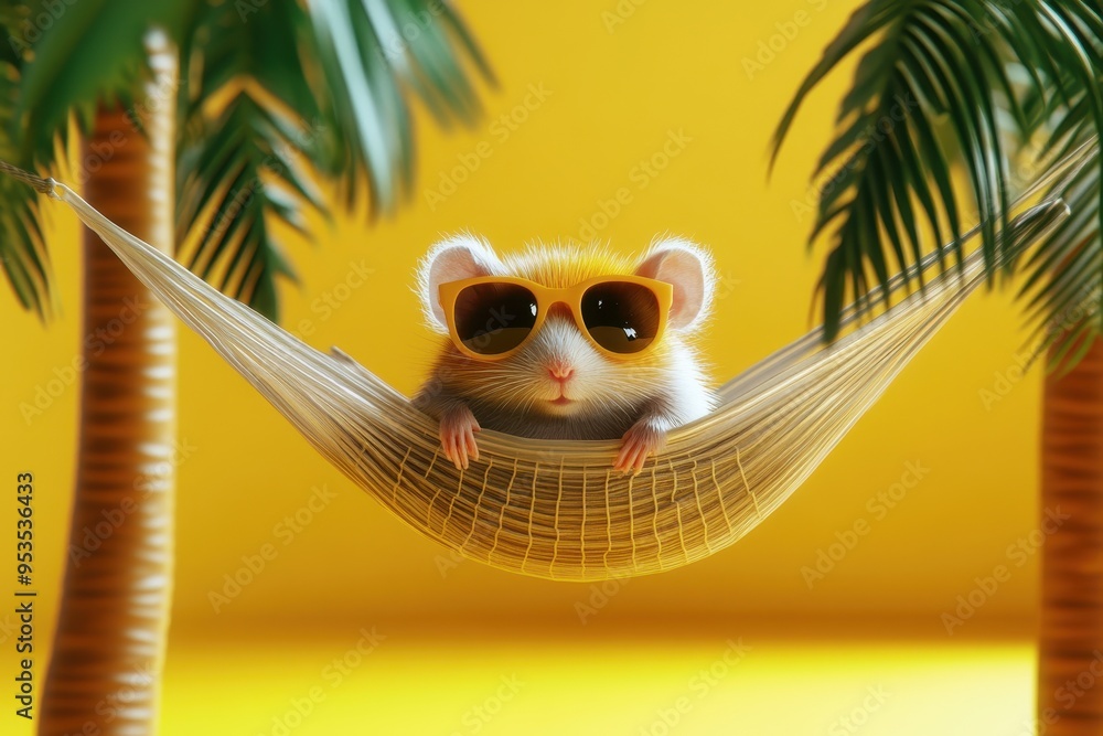 Poster a hamster is lounging in a hammock between two palm trees