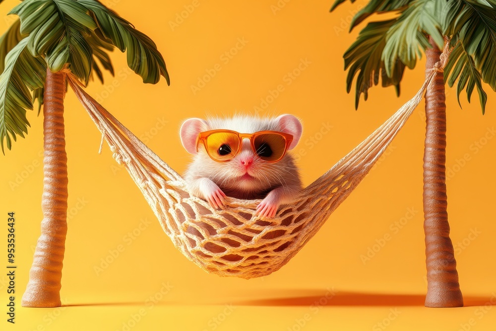 Poster a hamster is lounging in a hammock between two palm trees
