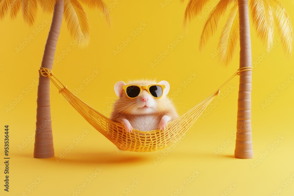 Poster a hamster is lounging in a hammock between two palm trees