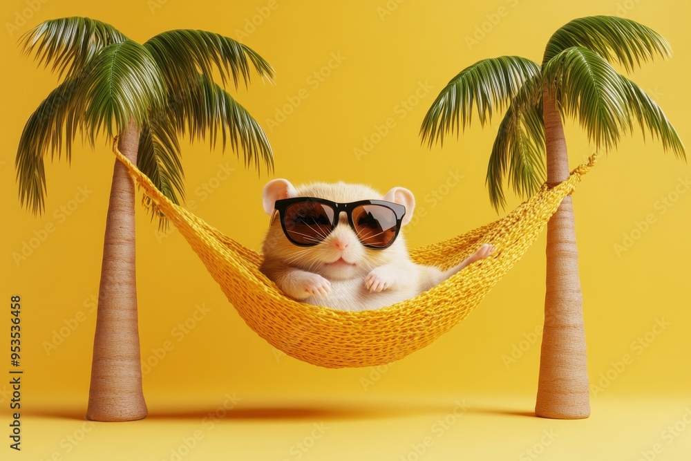 Poster a hamster is lounging in a hammock between two palm trees