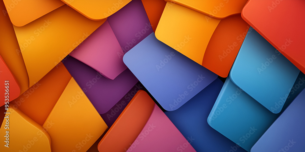 Poster colorful abstract shapes resembling envelopes arranged artistically in a vibrant pattern against a s