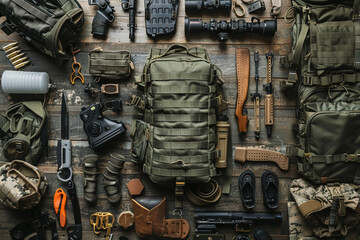 Military ready for action war army concept. Green military backpack surrounded by gear and supplies guns and tactical equipment for soldier 