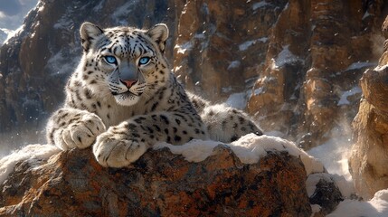 Fototapeta premium A graceful snow leopard rests on a steep cliff amidst towering snow-capped mountains, reflecting the natural beauty and formidable strength of this elusive animal.
