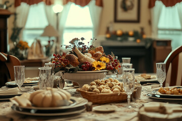A Thanksgiving meal set on a beautifully decorated table, symbolizing the warmth and togetherness of a family reunion