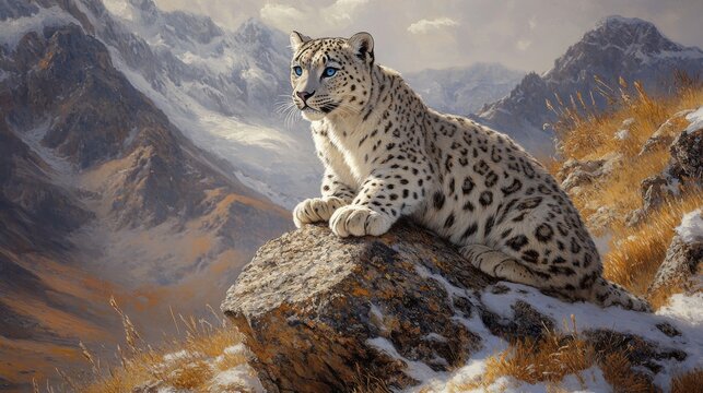 A graceful snow leopard rests on a steep cliff amidst towering snow-capped mountains, reflecting the natural beauty and formidable strength of this elusive animal.