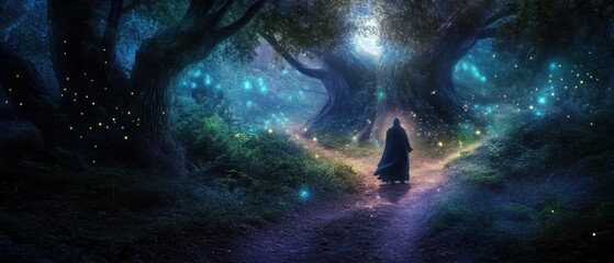 Enchanted Forest Path with Mysterious Cloaked Figure and Glowing Fireflies at Night