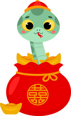 Cute Chinese New Year Snake Cartoon Character In A Lucky Bag Gold Ingots. Vector Illustration Flat Design Isolated On Transparent Background