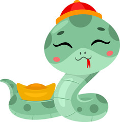 Cute Chinese New Year Snake Cartoon Character Holding Gold Ingot. Vector Illustration Flat Design Isolated On Transparent Background