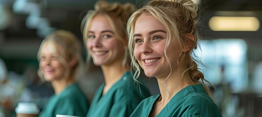 Fototapeta premium Female nurses enjoying coffee and laughter during a relaxing break in a hospital environment