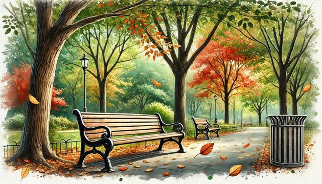 Watercolor park bench nestled under a canopy of trees, with leaves gently falling around it