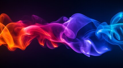 Wide shot of vibrant colored smoke swirling in the air, creating an abstract and dynamic scene with rich hues blending together against a dark background.