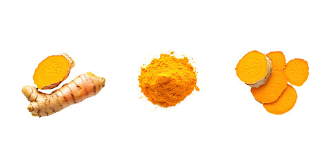 Turmeric root  powder and slices transparent background