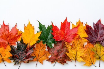 Fototapeta premium Autumn Maple Leaves Flat Lay White Background created with Generative AI